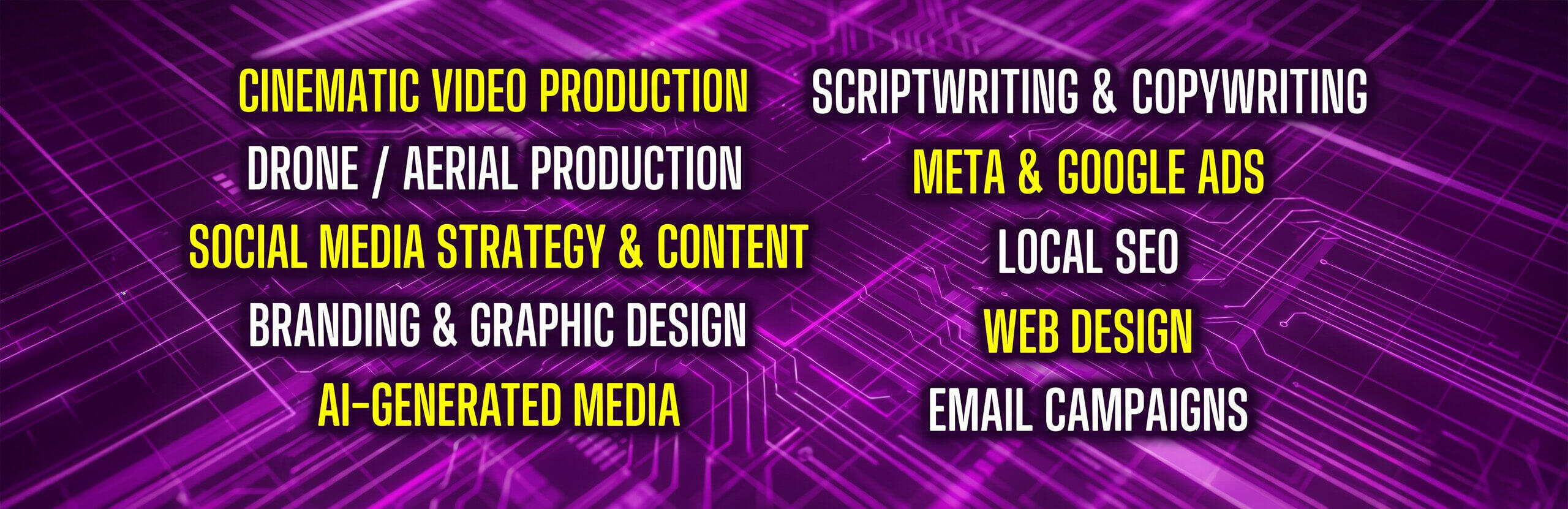 HydraVideo digital marketing services HydraVideo marketing services: cinematic video production, scriptwriting and copywriting, drone and aerial production, Meta and Google Ads, social media strategy and content, local SEO, branding and graphic design, web design, AI-generated media, and email