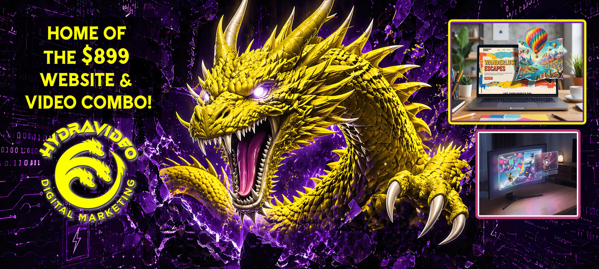 HydraVideo brand storytelling and creative vision Glowing green HydraVideo dragon symbolizing bold, innovative brand storytelling